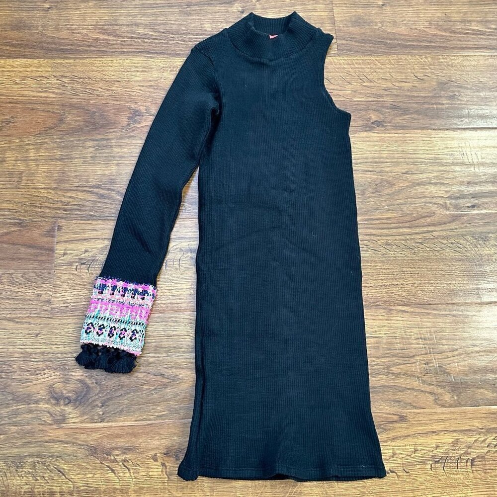 Oh My Collection one shoulder ribbed sweater dress with boho trim on sleeve